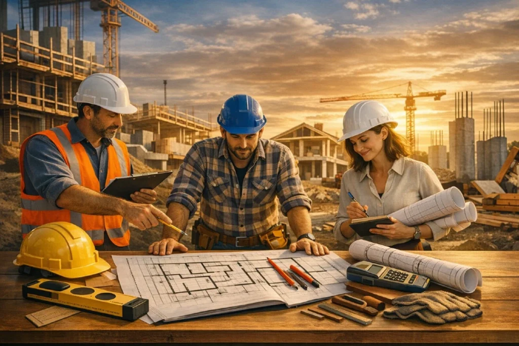 Kako pravilno planirati građevinske radove – vizual sa majstorima, inženjerom i arhitektom tokom planiranja radova.