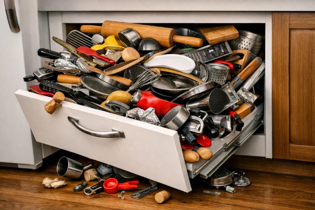 Humoristična 3D editorial scena sa kliznom fiokom koja se ne zatvara zbog previše kuhinjskih stvari – satirični prikaz haosa.