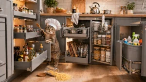Moderna kuhinja sa kliznim elementima i organizovanim fiokama, gde mačka sa kuvarskom kapom koristi izvlačne sisteme za spremanje hrane