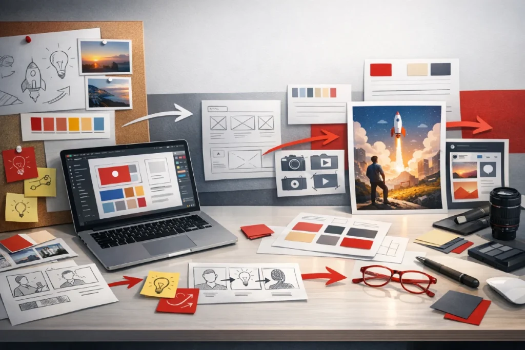 Kreativni proces u digitalnom marketingu prikazan kroz moodboard, skice, vizuelne elemente i digitalni radni prostor.