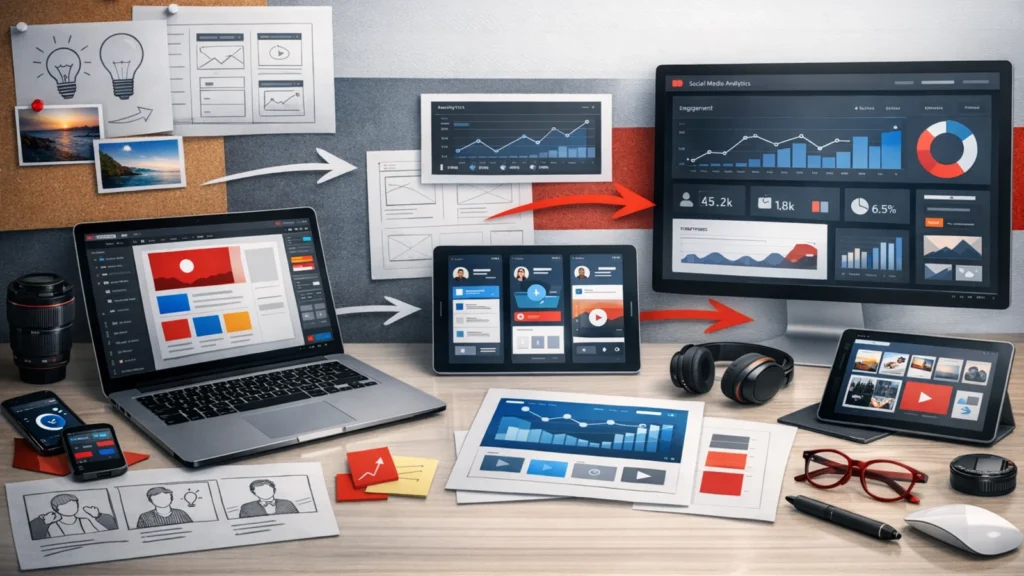 Kreativni proces u digitalnom marketingu prikazan kroz UI dizajn, analitičke grafike i digitalne uređaje.