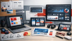 Kreativni proces u digitalnom marketingu prikazan kroz UI dizajn, analitičke grafike i digitalne uređaje.