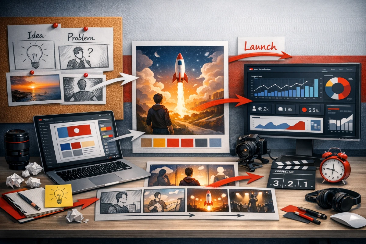 Kreativni proces u digitalnom marketingu prikazan kroz storytelling storyboard, herojski vizual i narativni tok.