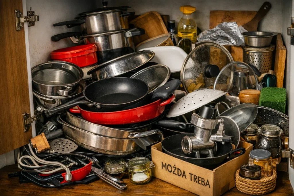 8 pametnih kliznih rešenja za kuhinju - Pretrpani kuhinjski element sa loncima, poklopcima i kutijom „MOŽDA TREBA“ – humoristični prikaz haosa 