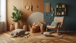 Cozy kutak za odmor sa foteljom, biljkama i toplim prirodnim dekorom.