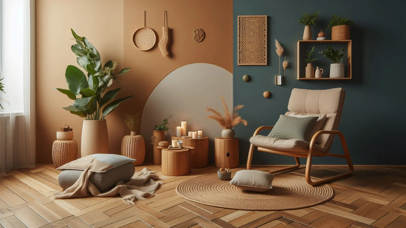 Cozy kutak za odmor sa foteljom, biljkama i toplim prirodnim dekorom.