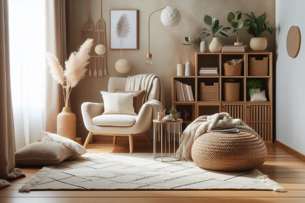 Cozy kutak za opuštanje sa foteljom, prirodnim dekorom i toplim tonovima.
