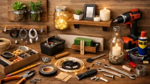 Radni sto sa alatima, biljkama i dekorativnim DIY projektima — tegla‑lampa, mini polica, zidna bašta.