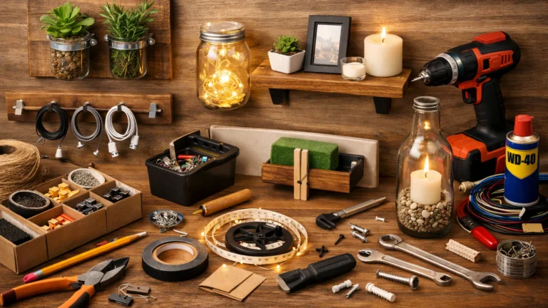 Radni sto sa alatima, biljkama i dekorativnim DIY projektima — tegla‑lampa, mini polica, zidna bašta.