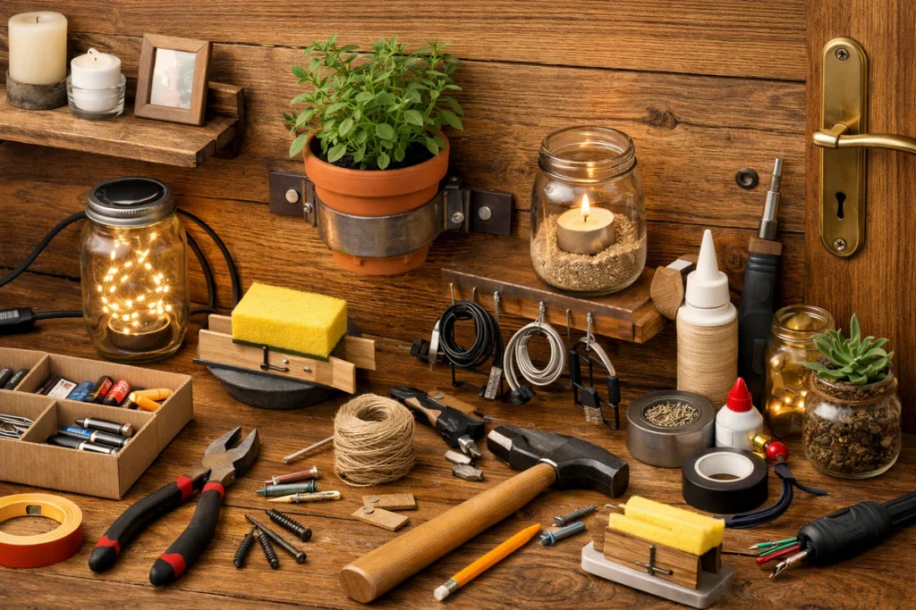 Drveni radni sto sa alatom, svećnjakom, teglama sa biljkama i materijalima za male DIY projekte.