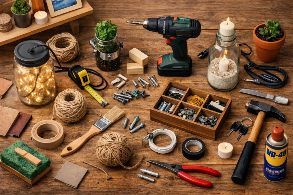 Radni sto sa DIY alatima, dekoracijama i materijalima za male kućne projekte, DIY projekti na delu.