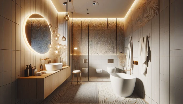 Realistična fotografija modernog kupatila sa samostojećom kadom, drvenim elementima i ambijentalnim osvetljenjem – inspiracija za renoviranje prostora.