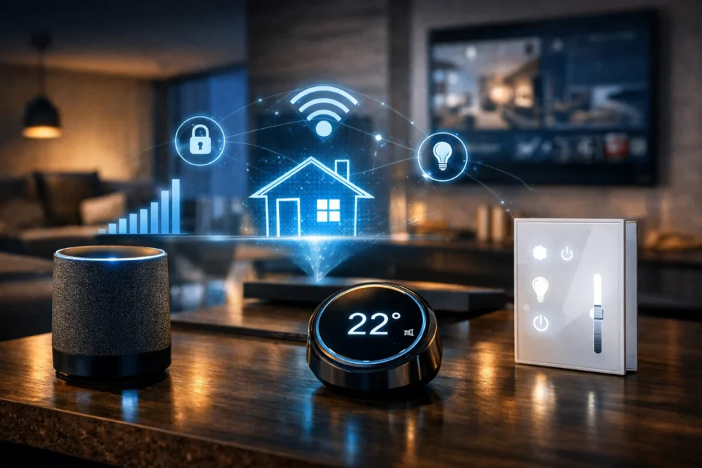 Pametni dom kao poslovni alat - uređaji u interaktivnom prostoru – pametni termostat, zvučnik i svetlosni panel u tehnološkom ambijentu.