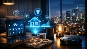 Pametni dom sa holografskim prikazom kuće, tabletom za kontrolu uređaja i pogledom na osvetljeni grad u pozadini.