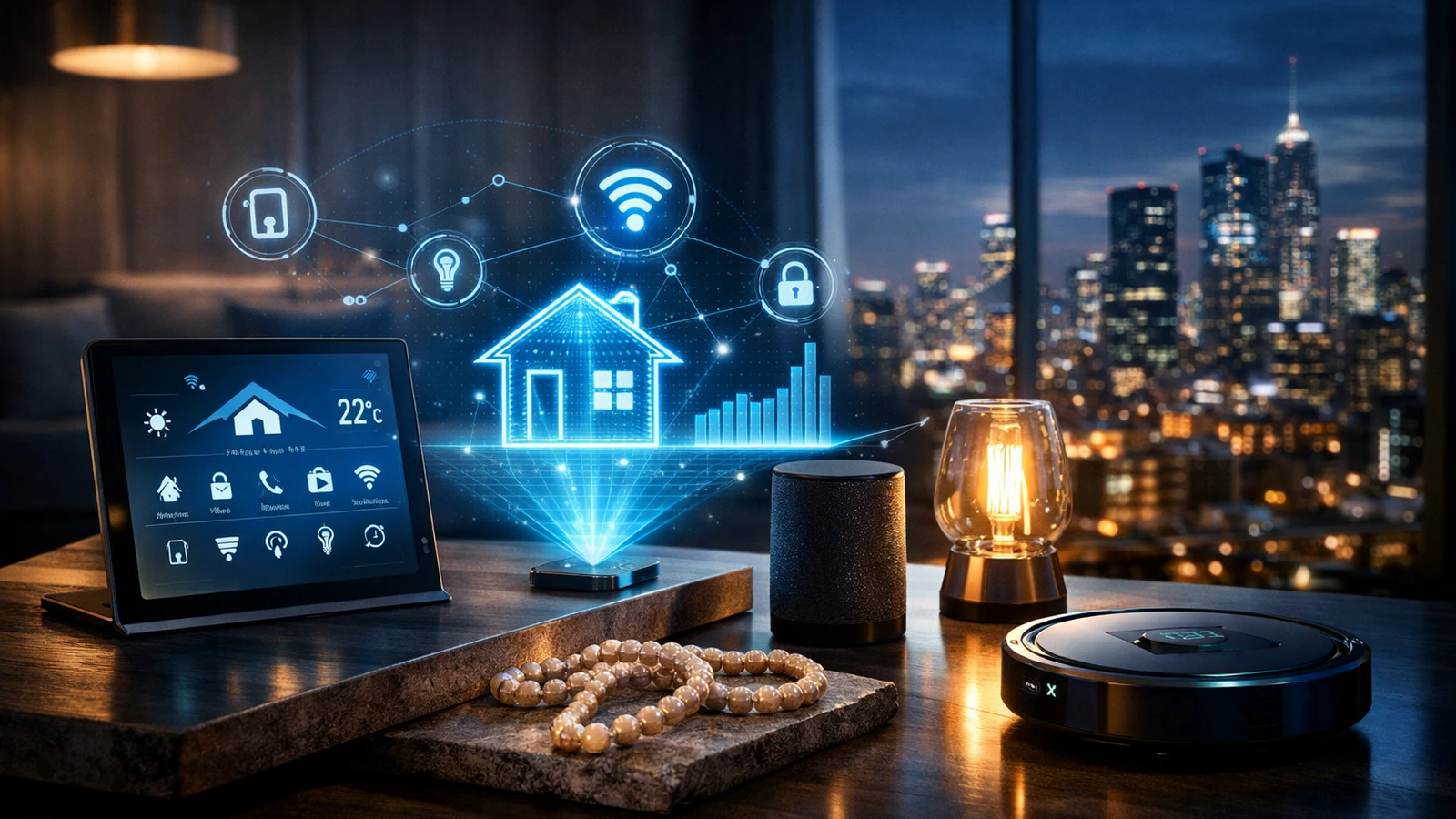 Pametni dom sa holografskim prikazom kuće, tabletom za kontrolu uređaja i pogledom na osvetljeni grad u pozadini.