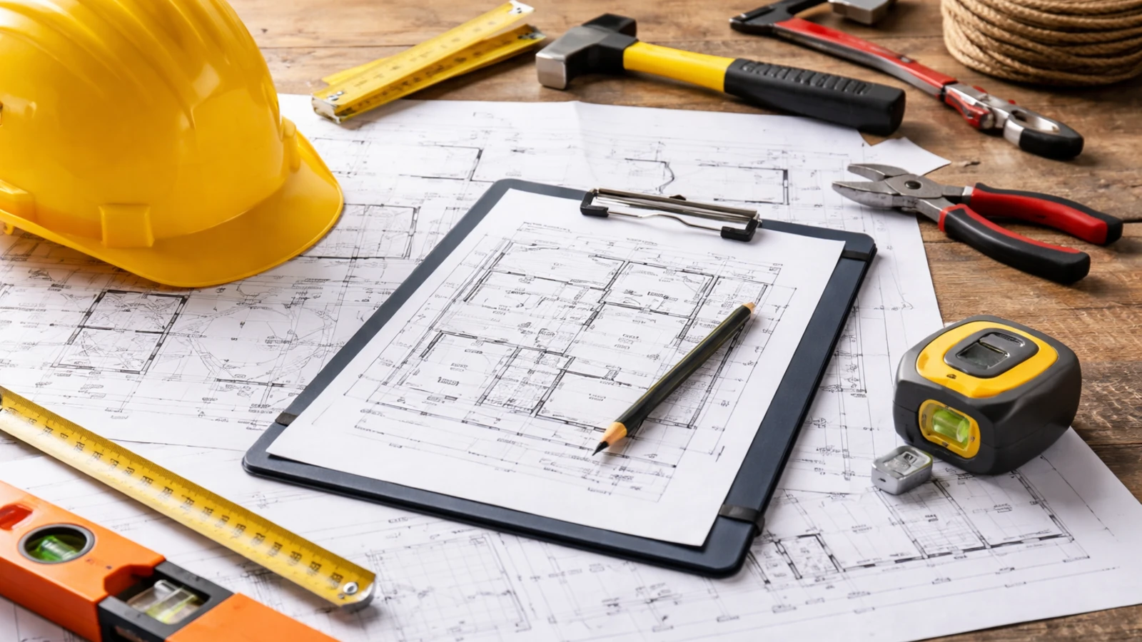 planiranje građevinskih radova alat i nacrti na stolu