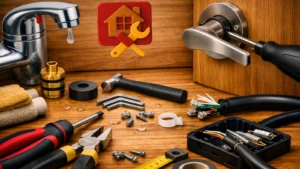 Set alata za kućne popravke na drvenoj površini — slavina, ručka, kabl i praktični uradi‑sam alati.