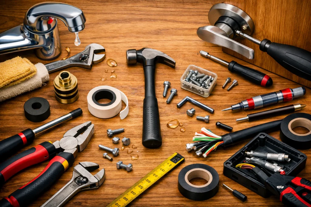 Radni sto sa alatima za kućne popravke — slavina, ručka, kabl i uradi‑sam pribor.