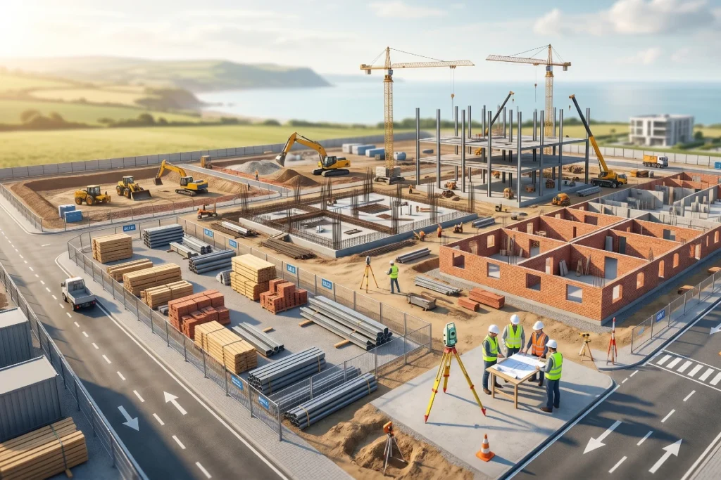 Panoramski pogled na uredno organizovano gradilište, prikazujući faze planiranja i izgradnje, sa mehanizacijom i radnicima.