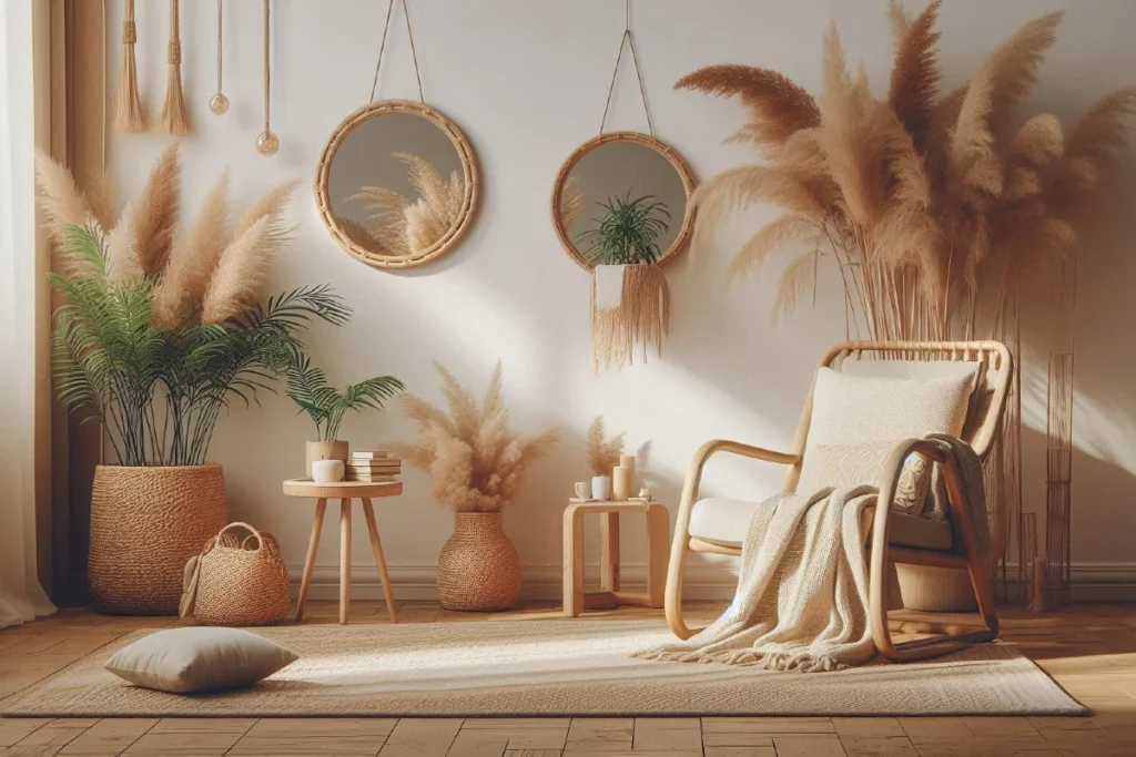 Cozy kutak za odmor sa drvenom stolicom, prirodnim dekorom i toplim tonovima.