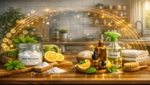 Prirodni preparati za čišćenje doma — soda bikarbonu, sirće, limun i eterična ulja na drvenoj površini u modernoj kuhinji