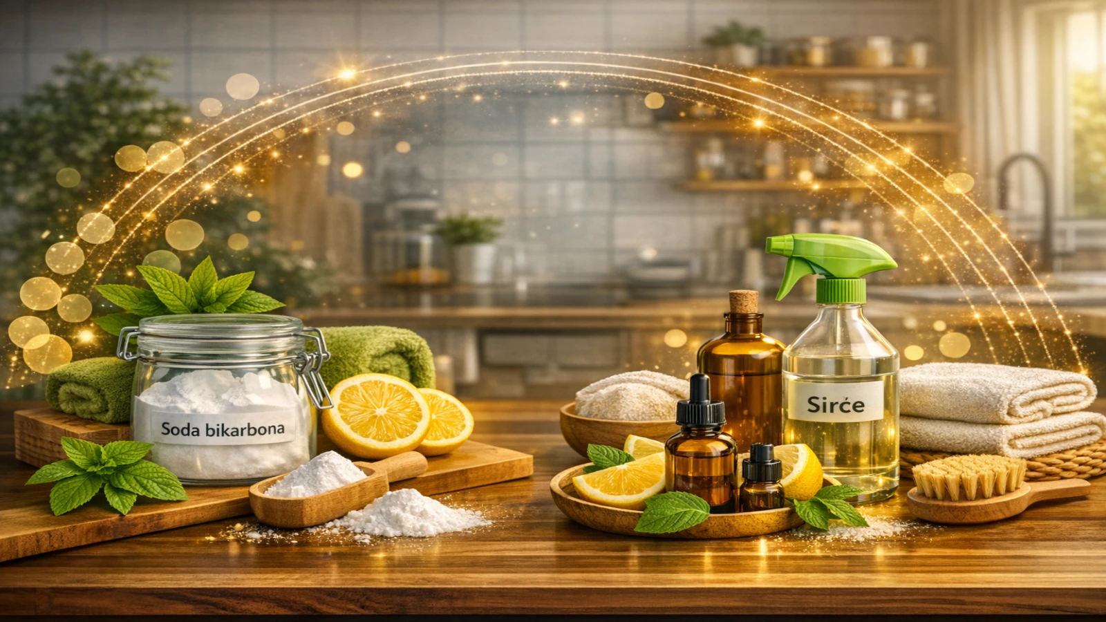 Prirodni preparati za čišćenje doma — soda bikarbonu, sirće, limun i eterična ulja na drvenoj površini u modernoj kuhinji