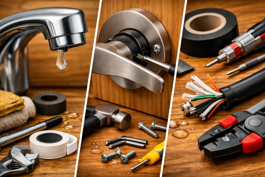 Tri kućne popravke — slavina koja curi, ručka koja se učvršćuje i kabl koji se popravlja.