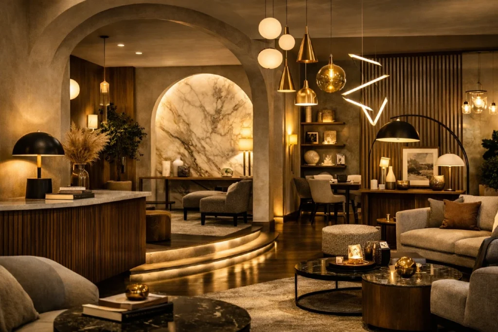 Luksuzni showroom enterijer sa arhitektonskim lukovima, modernom rasvetom i premium nameštajem u toplim tonovima.