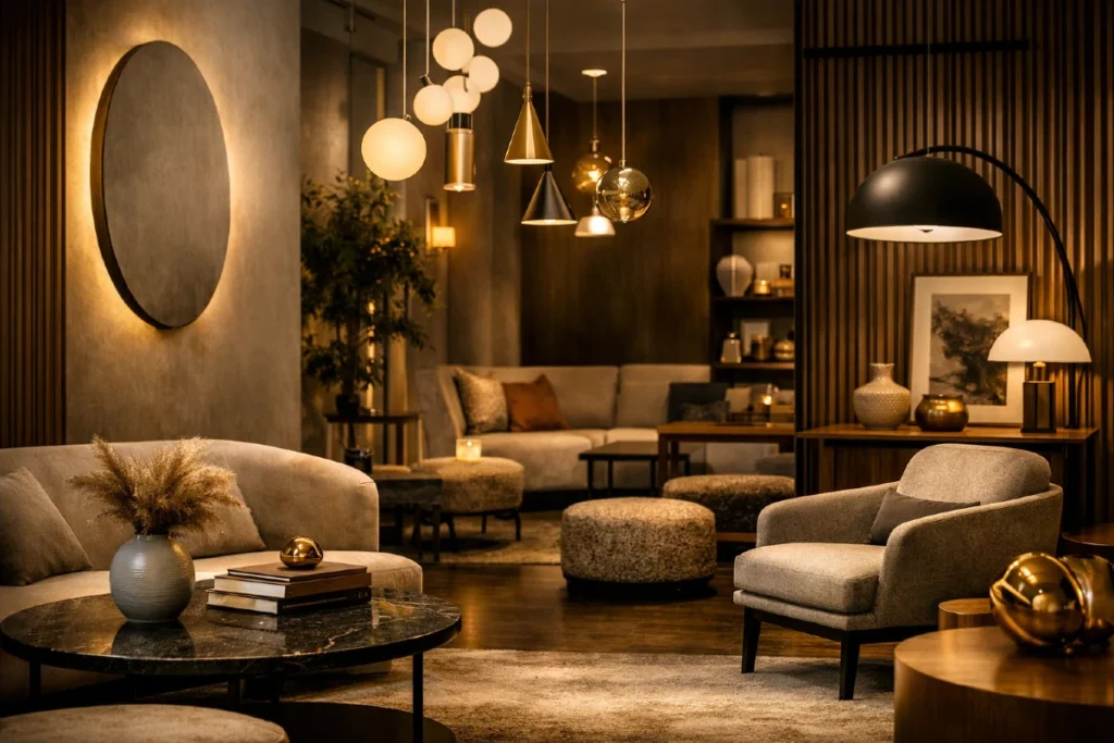 Prostor koji prodaje - Premium showroom enterijer bez teksta, sa modernim nameštajem, rasvetom i dekorativnim detaljima u toplim tonovima.