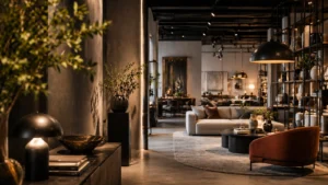 Luksuzni showroom enterijer sa modernim nameštajem, toplim osvetljenjem i pažljivo dizajniranim prostorom koji naglašava brend identitet