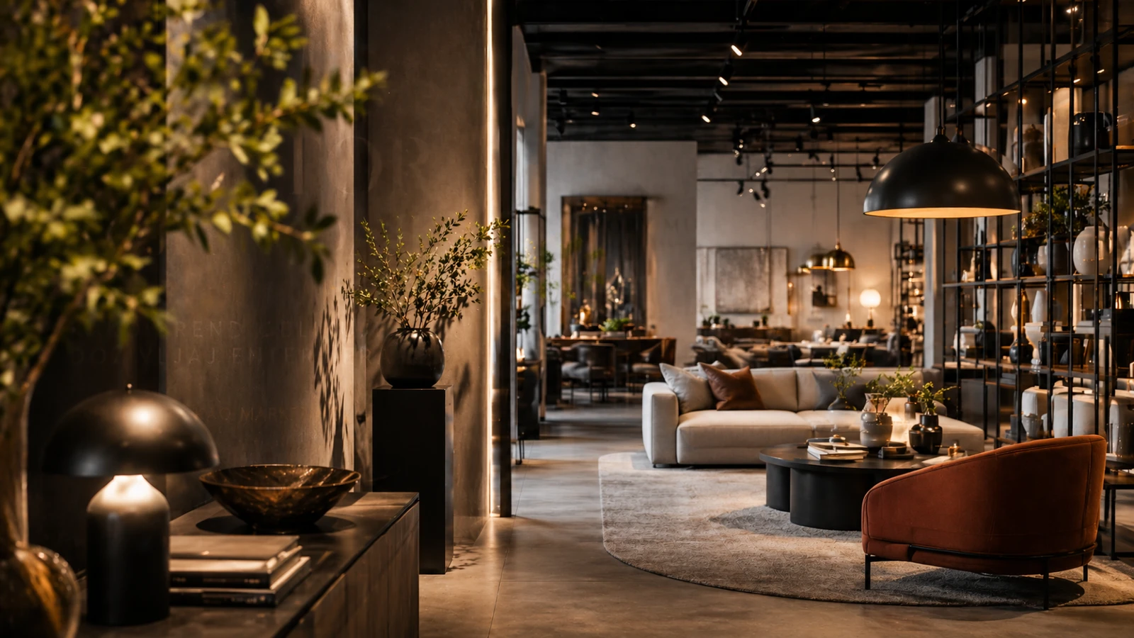 Luksuzni showroom enterijer sa modernim nameštajem, toplim osvetljenjem i pažljivo dizajniranim prostorom koji naglašava brend identitet