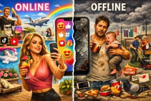 Društvene mreže vs stvarni život – humoristična ilustracija kontrasta između online glamura i svakodnevnog haosa.