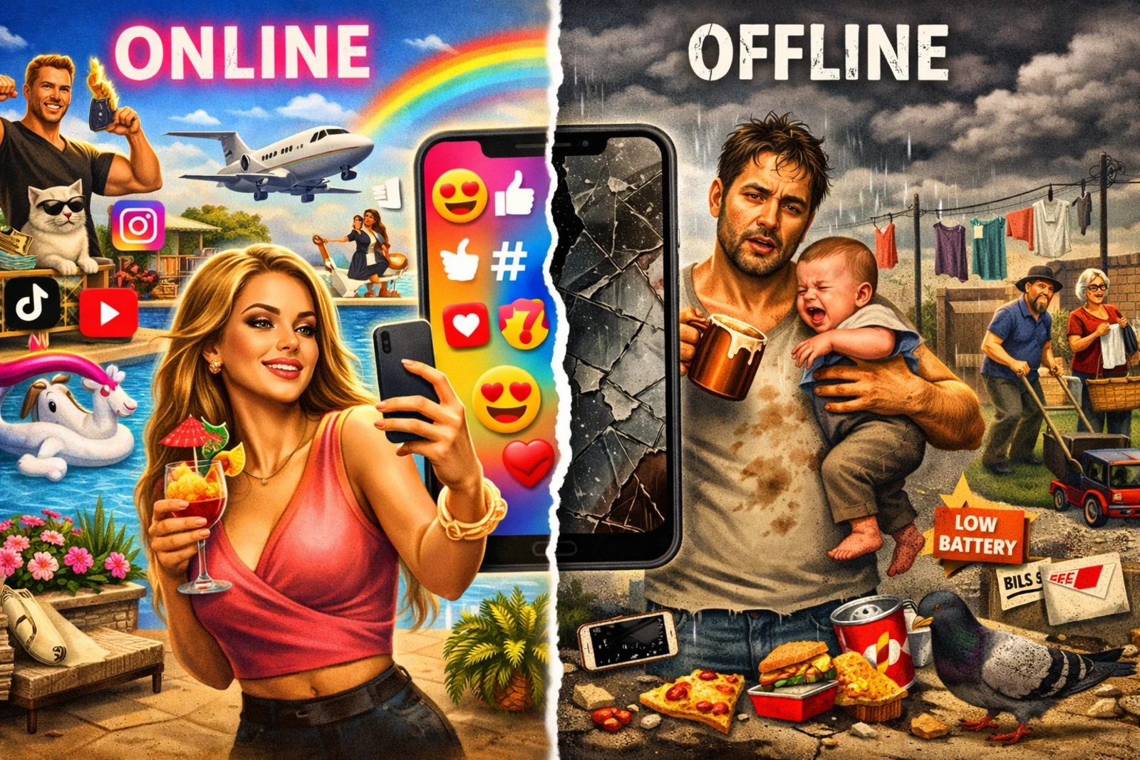 Društvene mreže vs stvarni život – humoristična ilustracija kontrasta između online glamura i svakodnevnog haosa.