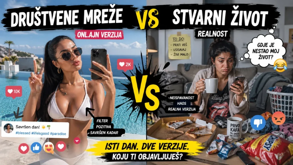 Društvene mreže vs. stvarni život prikaz kroz humorističnu podeljenu sliku – savršena online verzija naspram haotične realnosti