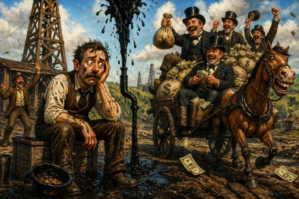 Humoristički prikaz početka naftne industrije gde radnik otkriva naftu dok drugi zarađuju bogatstvo tokom naftnog buma