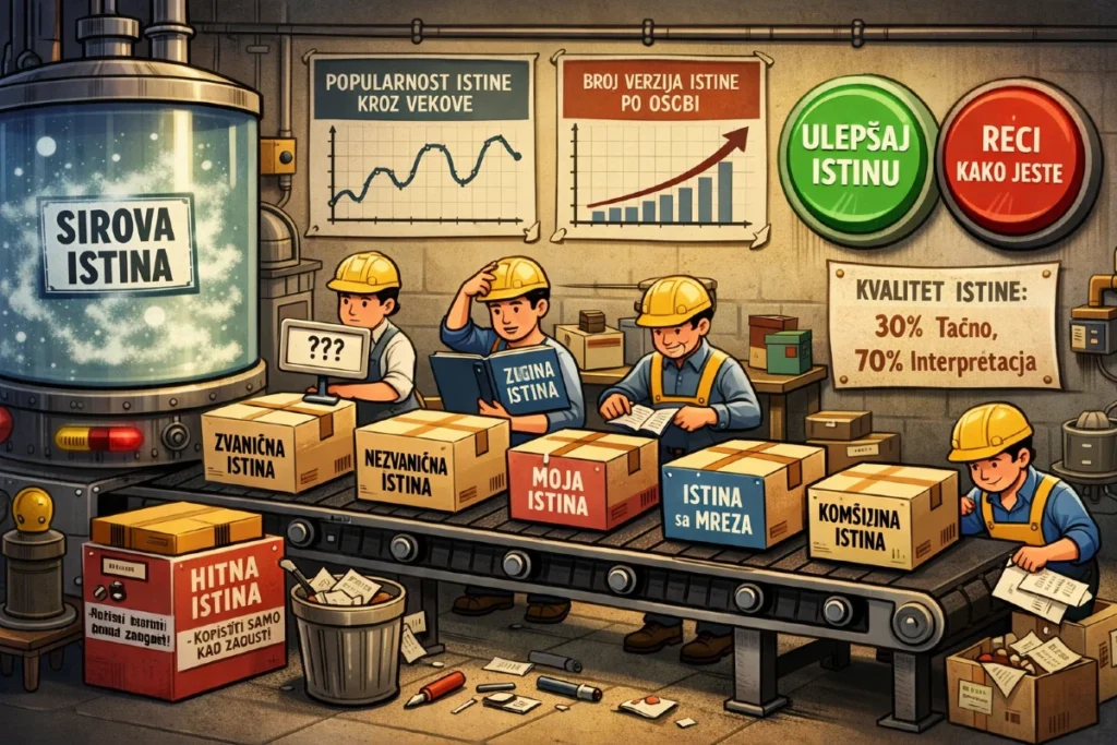 Satirična ilustracija fabrike istine u kojoj se proizvode različite verzije istine na traci, uz nazivanje stvari pravim imenom