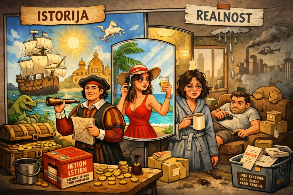 Humoristična ilustracija koja prikazuje kontrast između istorijske fantazije i savremene realnosti, sa ogledalom koje razdvaja idealizovanu i stvarnu verziju istine