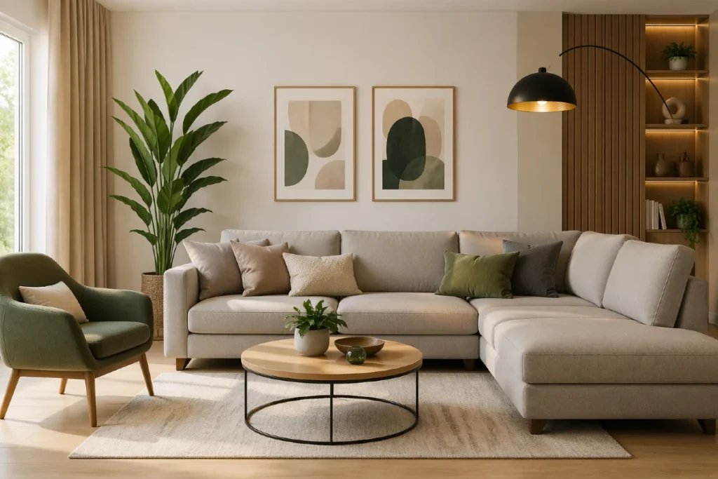 Moderna ugaona garnitura za dnevnu sobu u neutralnim tonovima sa dekoracijom i prirodnim svetlom - za temu "Kako izabrati idealnu garnituru za dnevnu sobu".