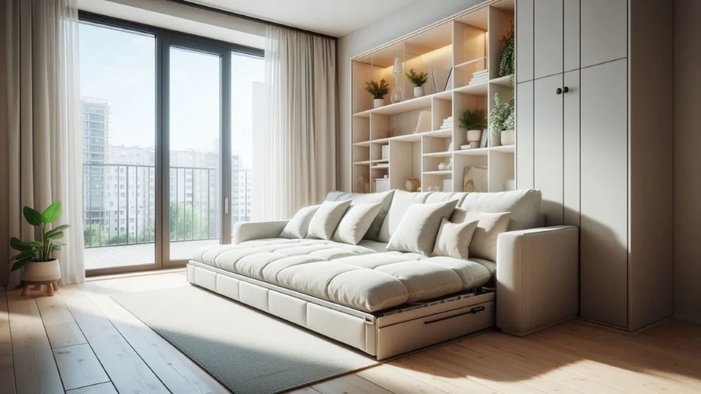 Moderna dnevna soba sa velikom bež garniturom i prirodnim svetlom.