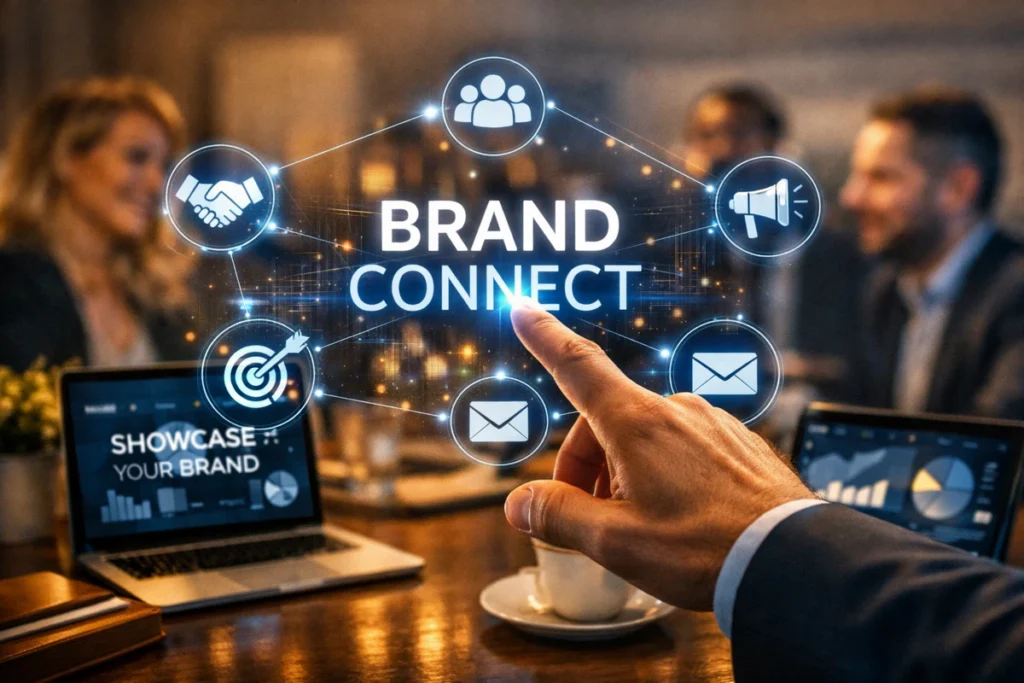 SPECIAL – brend koji se vidi - Ruka u poslovnom ambijentu dodiruje holografski prikaz „BRAND CONNECT“, okružena ikonama koje simbolizuju komunikaciju i marketing.