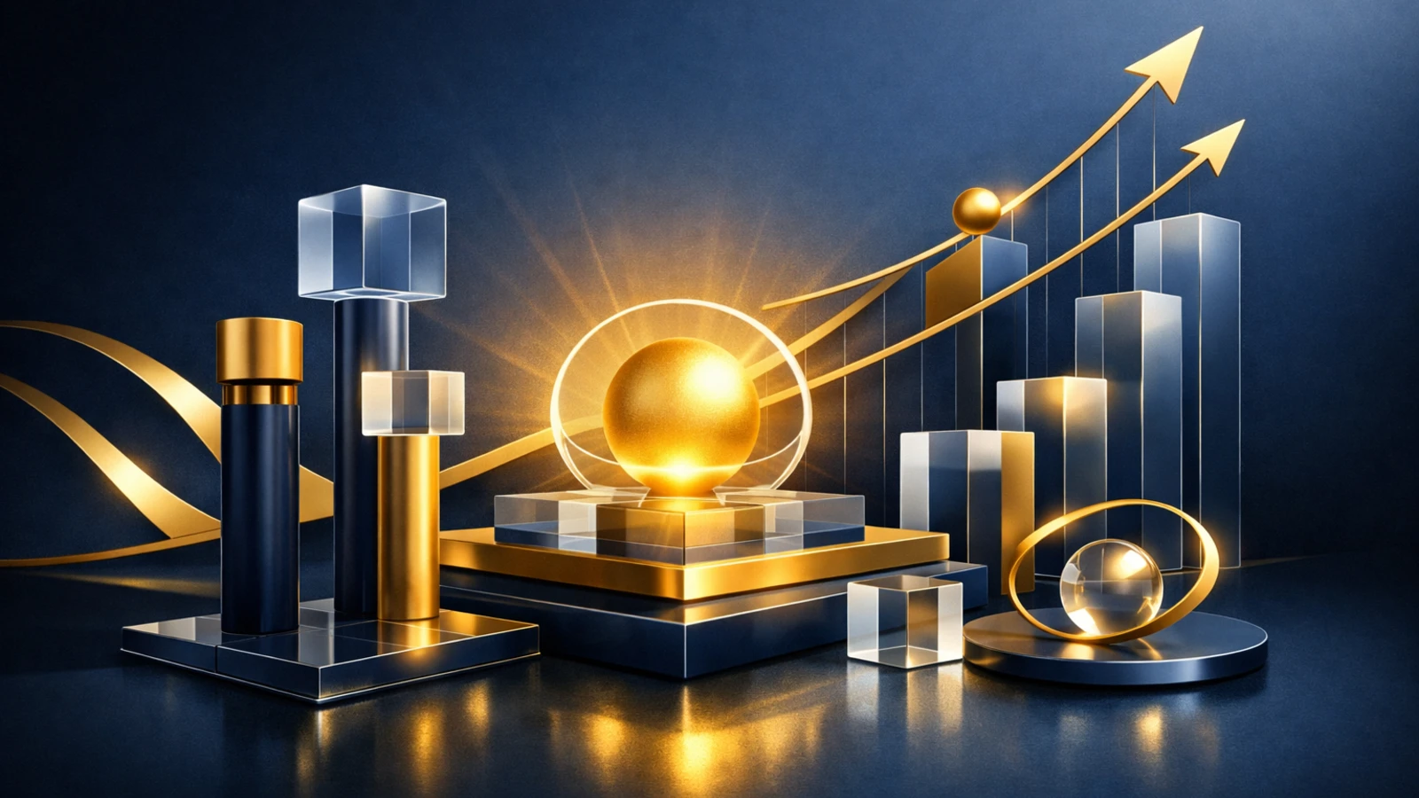 Ivest zato - Apstraktni 3D vizual u tamnoplavim i zlatnim tonovima koji simbolizuje viziju, logiku i dugoročnu strategiju Sredi‑Uredi invest programa