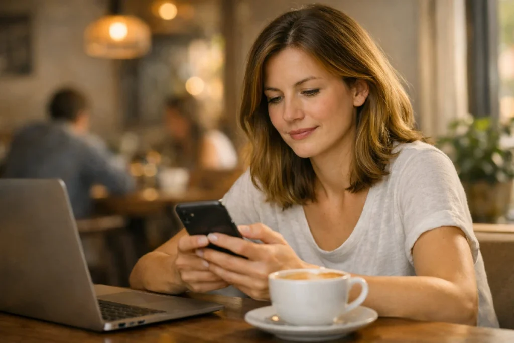 Kad svet poludi ti napravi pauzu: 9 koraka za manje stresa, više fokusa i više života 5 Žena sedi u kafiću, ispred nje šolja kafe, gleda telefon i proverava mejlove — prirodna lifestyle scena.