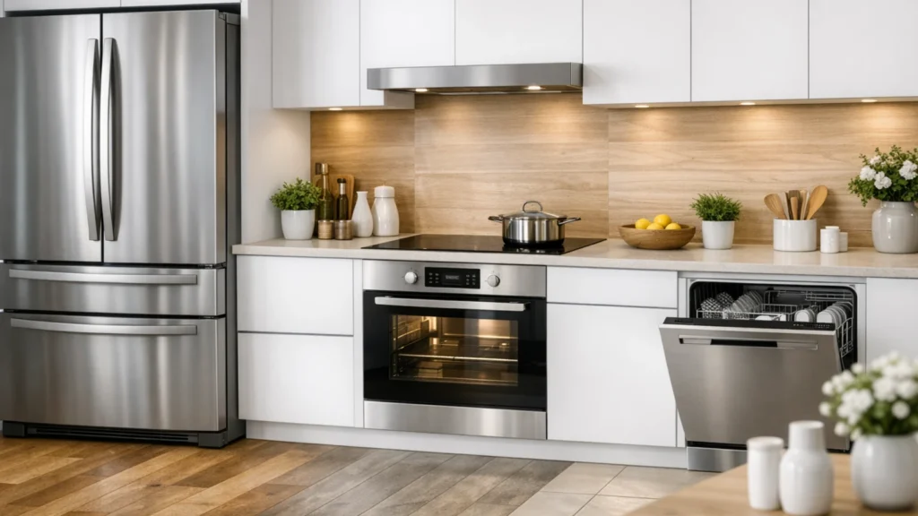 Moderna svetla kuhinja sa frižiderom, rernom, pločom i mašinom za sudove