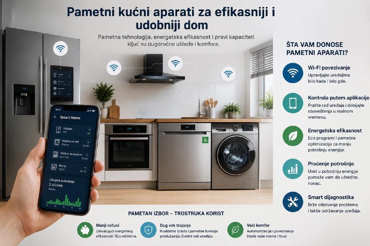 Kako odabrati kućne aparate prema potrebama domaćinstva Infografika koja prikazuje kako odabrati kućne aparate prema energetskoj klasi, kapacitetu, potrošnji energije i Smart funkcijama za dugoročnu uštedu u domaćinstvu.