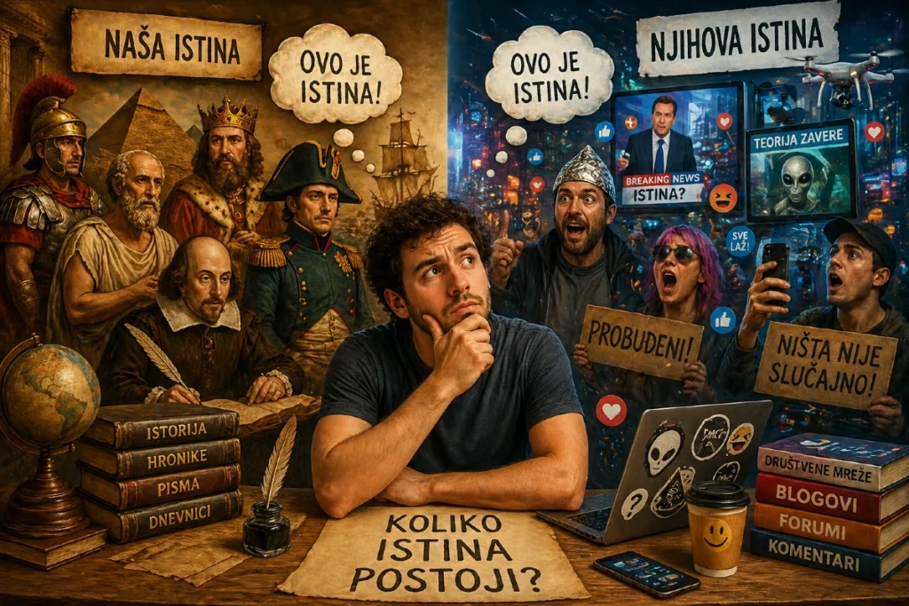 Ilustracija koja prikazuje kontrast između istorijske i moderne percepcije istine, čovek između prošlosti i digitalnog sveta sa različitim verzijama istine