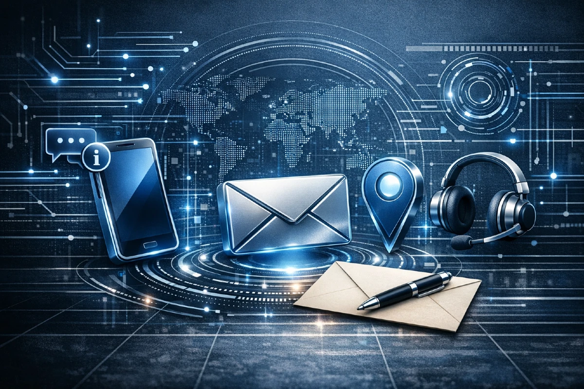 3D vizual sa ikonama telefona, koverte, lokacije i slušalica na digitalnoj pozadini, simbolizuje kontakt i komunikaciju sa Sredi‑Uredi timom.