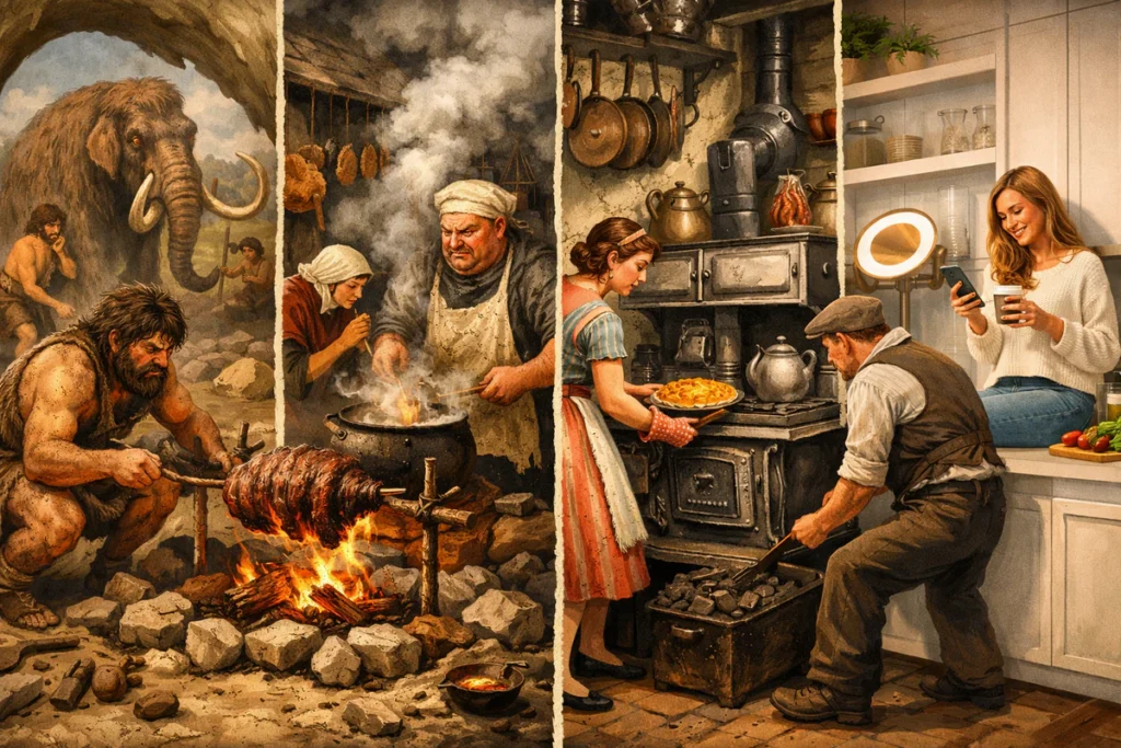 Karikaturalni kolaž istorije kuvanja — od pećinskog ognjišta i mamuta, preko srednjovekovne kuhinje pune dima, industrijske kuhinje sa šporetom na ugalj, do moderne kuhinje sa telefonom i kafom.