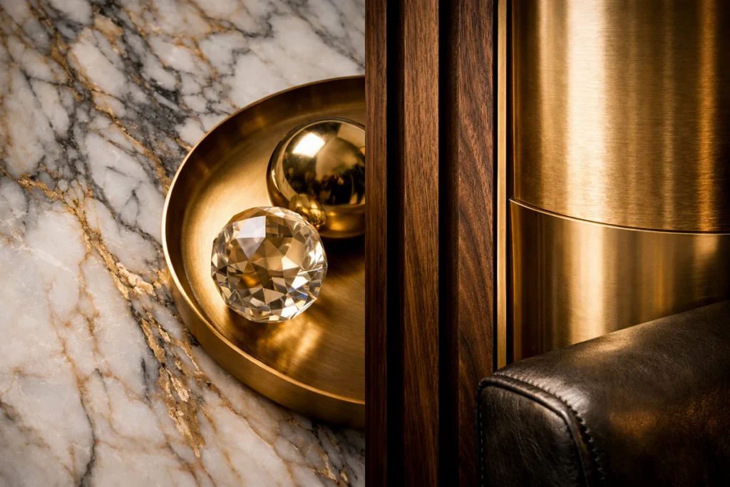 Materijali koji govore – mermer sa zlatnim žilama, drvo, mesing i koža u senzualnom kontrastu tekstura.