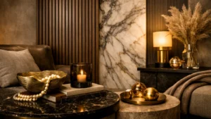 Luksuzni enterijer sa mermerom, drvetom i zlatnim detaljima koji prikazuju taktilnu eleganciju i toplinu prostora.