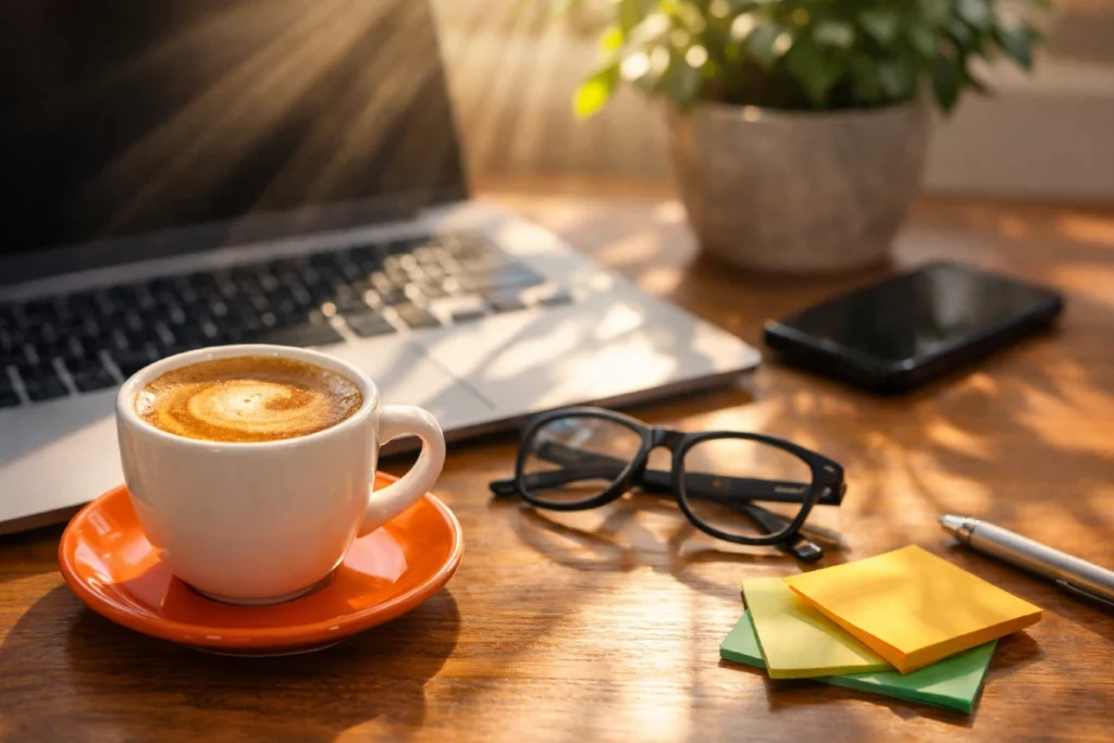 5 mikro pauza koje ti vrate fokus (i spasu dan bez drame) 1 5 mikro-pauza - Jutarnja šolja kafe na radnom stolu uz laptop, naočare i sunčeve zrake.